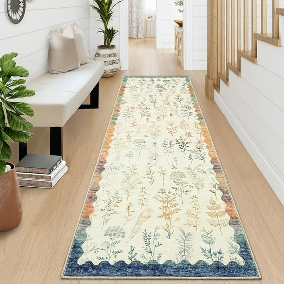 Hasoo 2' x 6' Washable Hallway Runner Rug Floral Kitchen Runner Scallop Border Indoor Carpet, Beige Blue
