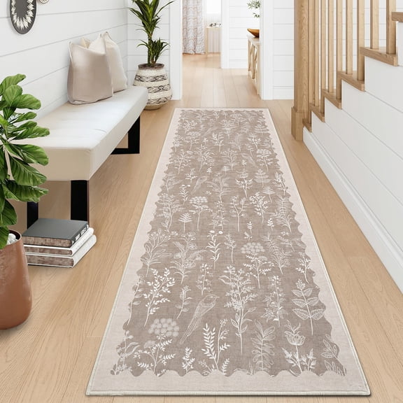 Hasoo 2' x 6' Washable Hallway Runner Rug Floral Kitchen Runner Scallop Border Indoor Carpet, Camel