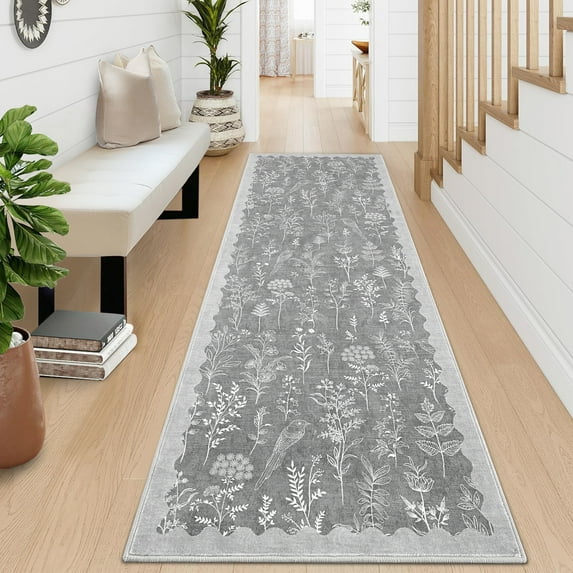 Hasoo 2' x 6' Washable Hallway Runner Rug Floral Kitchen Runner Scallop Border Indoor Carpet, Light Gray