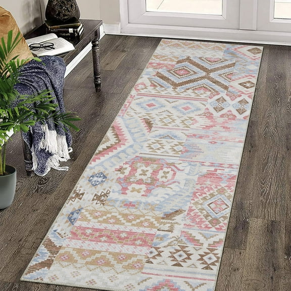 Hasoo 2' x 6' Washable Hallway Runner Rug Soft Abstract Boho Kitchen Runner Rug Stain Resistant Rugs for Bedroom Laundry Bluish pink