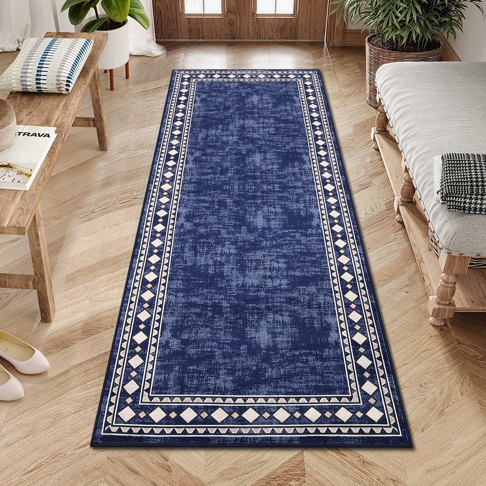 Hasoo 2' x 6' Washable Hallway Runner Rug Soft Kitchen Runner Rug Stain Resistant Rug for Bedroom Laundry Navy