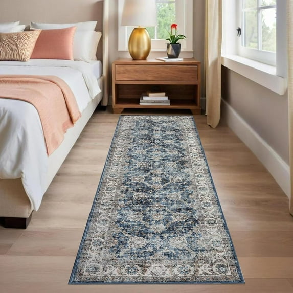 Hasoo 2' x 6' Washable Hallway Runner Soft Boho Vintage Kitchen Mats Stain Resistant Rugs for Bedroom Laundry Blue