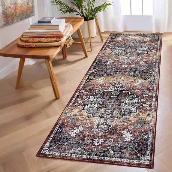 Hasoo 2' x 6' Washable Hallway Runner Soft Boho Vintage Kitchen Mats Stain Resistant Rugs for Bedroom Laundry Brown