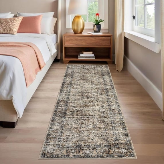 Hasoo 2' x 6' Washable Hallway Runner Soft Boho Vintage Kitchen Mats Stain Resistant Rugs for Bedroom Laundry Brown