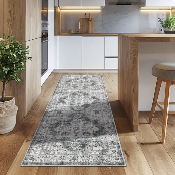 Hasoo 2' x 6' Washable Hallway Runner Soft Boho Vintage Kitchen Mats Stain Resistant Rugs for Bedroom Laundry Gray