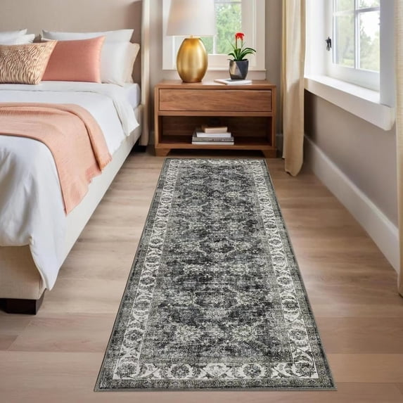 Hasoo 2' x 6' Washable Hallway Runner Soft Boho Vintage Kitchen Mats Stain Resistant Rugs for Bedroom Laundry Gray