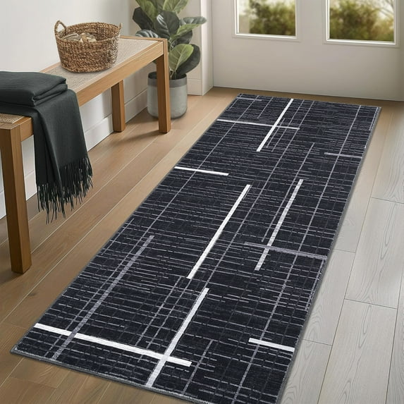 Hasoo 2' x 6' Washable Hallway Runner Soft Geometric Kitchen Mats Stain Resistant Rug for Bedroom Laundry Black