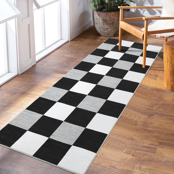 Hasoo 2' x 6' Washable Hallway Runner Soft Geometric Kitchen Mats Stain Resistant Rugs for Bedroom Laundry Black