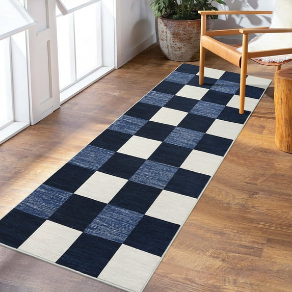 Hasoo 2' x 6' Washable Hallway Runner Soft Geometric Kitchen Mats Stain Resistant Rugs for Bedroom Laundry Navy