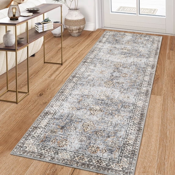 Hasoo 2' x 8' Blue Runner for Hallway Soft Floral Area Rug Non Slip Stain Resistant Carpet