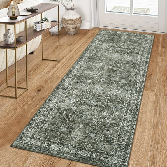 Hasoo 2' x 8' Green Runner for Hallway Soft Floral Area Rug Non Slip Stain Resistant Carpet