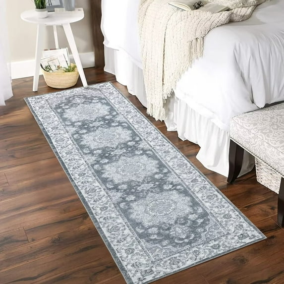 Hasoo 2' x 8' Hallway Runner Rug Vintage Persian Stain Resistant Low Pile Rug Indoor Bedside Rug for Kitchen Laundry, Gray/Black