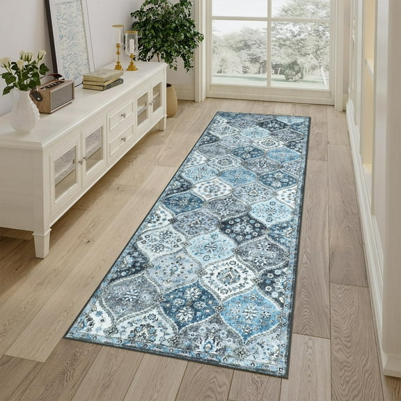 Hasoo 2' x 8' Runner Rug for Hallway Traditional Indoor Rug Machine Washable Bedside Carpet, Gray/Blue