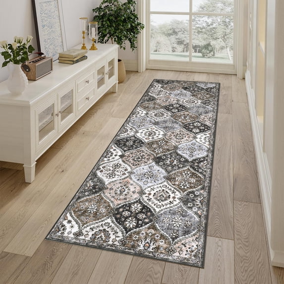 Hasoo 2' x 8' Runner Rug for Hallway Traditional Indoor Rug Machine Washable Bedside Carpet, Gray/Brown