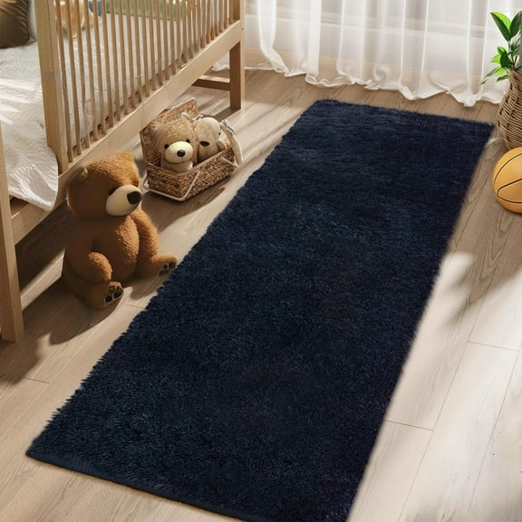 Hasoo 2' x 8' Shag Rug for Living Room, Fluffy Washable Rug for Bedroom, Nursery, Teen Bedroom Decor, Dark Blue