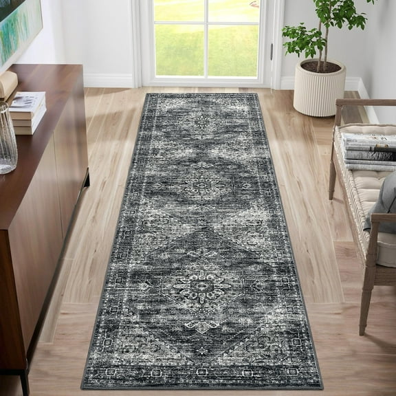 Hasoo 2'x6' Floral Runners for Hallways, 2x6ft Kitchen Runner Rug Ultra-Thin Soft Rug for Bathroom Bedroom,Dark Gray