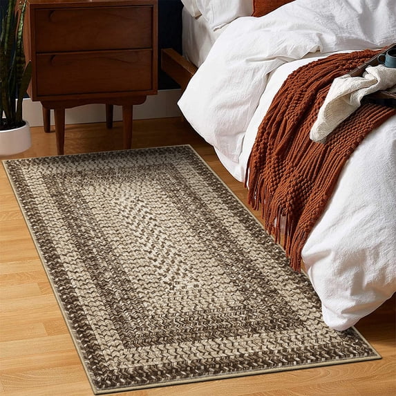 Hasoo 2x3 Braided Print Washable Throw Rug for Bathroom Non-Slip Doormats Indoor Stain Resistant Camel Carpet