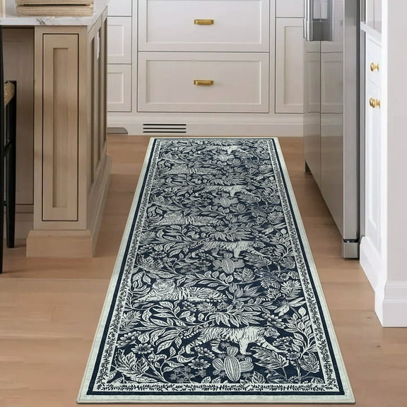 Hasoo 2x6ft Blue Washable Tiger and Botanical Pattern Non-Slip Area Rug Modern Carpet Runner for Hallway