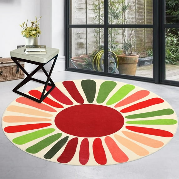 Hasoo 3' x 3' Round Rug Colorful Washable Circle Area Rug Sun Print Modern Non-Slip Non-Shedding Floor Cover for Home Decor, Red/Green