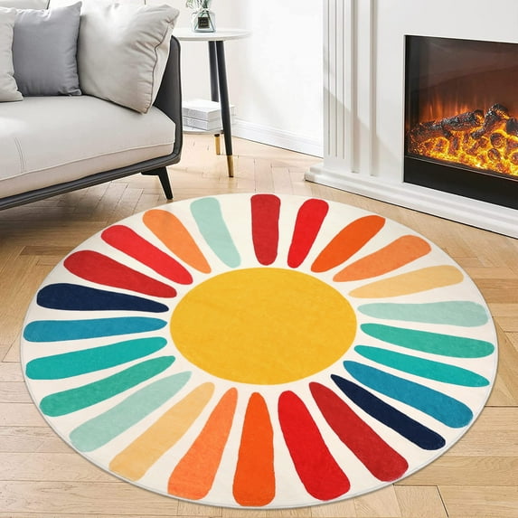 Hasoo 3' x 3' Round Rug Colorful Washable Circle Area Rug Sun Print Modern Non-Slip Non-Shedding Floor Cover for Home Decor, Red/Orange