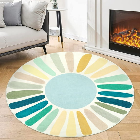 Hasoo 3' x 3' Round Rug Colorful Washable Circle Area Rug Sun Print Modern Non-Slip Non-Shedding Floor Cover for Home Decor, Blue
