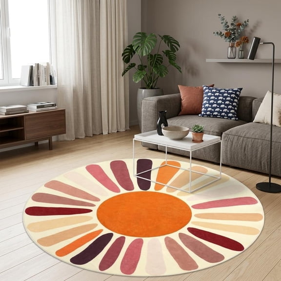 Hasoo 3' x 3' Round Rug Colorful Washable Circle Area Rug Sun Print Modern Non-Slip Non-Shedding Floor Cover for Home Decor, Brown