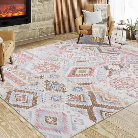 Hasoo 3' x 5' Area Rug Washable Ethnic Tribes Rug Stain-Resistant Non-Slip Accent Carpet for Entryway Bedside Dining Room Bluish pink