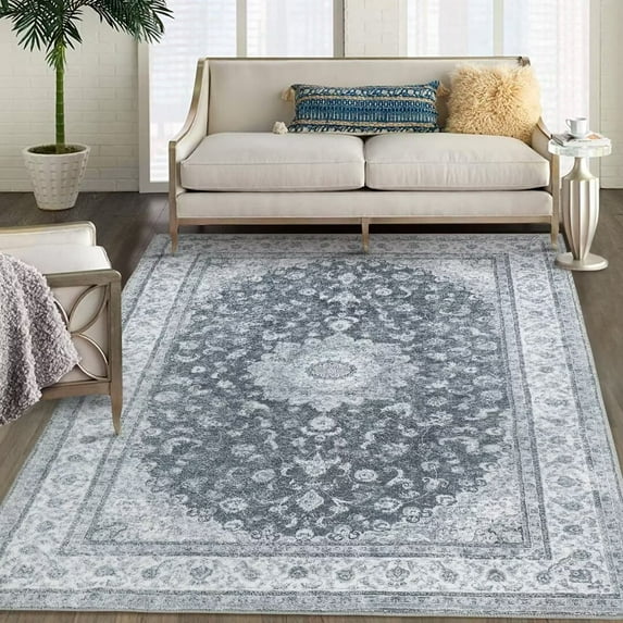 Hasoo 3' x 5' Traditional Vintage Area Rug Stain Resistant Non-Slip Rug Persian Floral Print Carpet Floor Mat for Bedroom Living Room, Gray/Black