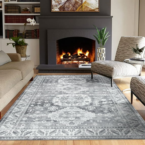 Hasoo 4' x 6' Area Rug Machine Washable Area Rug Indoor Vintage Persian Rug Low Pile Non-Slip Distressed Area Rug for Living Room Bedroom, Gray
