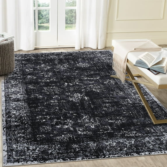 Hasoo 4' x 6' Area Rug for Living Room Boho Vintage Rug Non Slip Throw Rugs Floral Indoor Carpet, Black