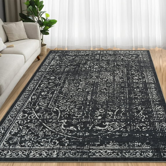 Hasoo 4' x 6' Area Rug for Living Room Boho Vintage Rug Non Slip Throw Rugs Floral Indoor Carpet, Black