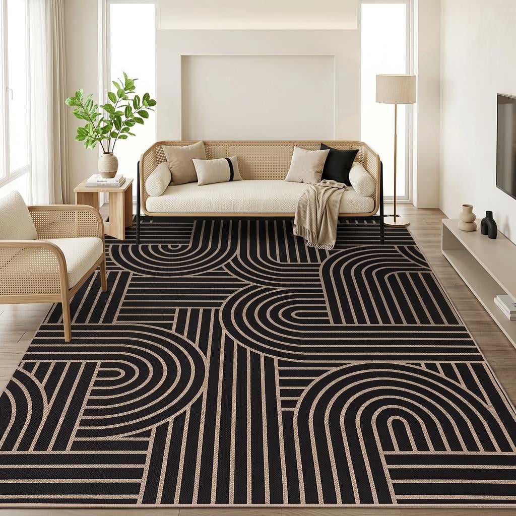 Neutral Fun Rug Hasoo 4' x 6' Black Modern Neutral Arch Striped Area Rug for Living ...