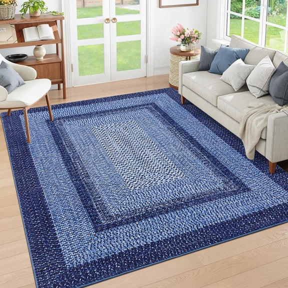 Hasoo 4' x 6' Modern Rug for Bedroom Faux Braided Pattern Soft Geometric Living Room Carpet, Navy
