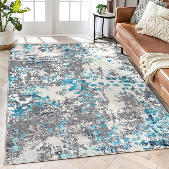 Hasoo 4' x 6' Multi-Color Modern Abstract Area Rug for Living Room Washable Indoor Home Decor Carpet, Blue/Gray