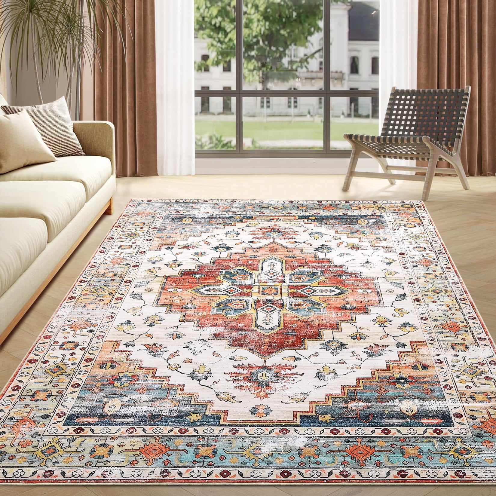 Vintage Boho 4' x 6' Blue and Orange Synthetic Area Rug