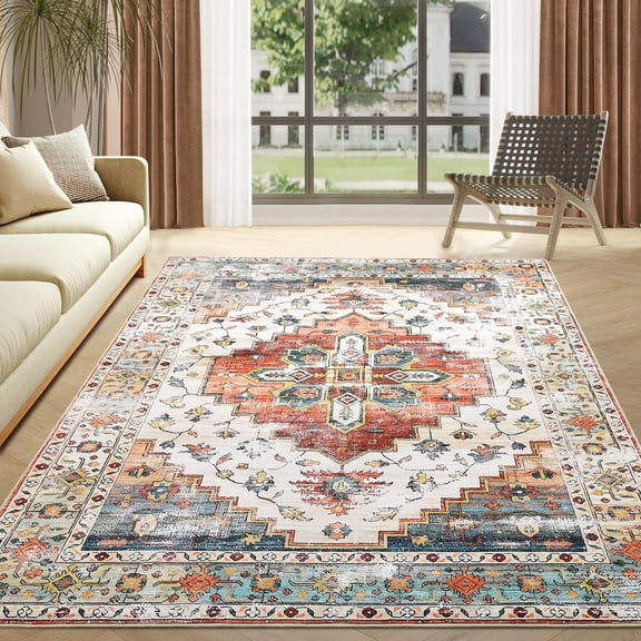 Hasoo 4' x 6' Washable Rug Non-Slip Vintage Persian Area Rug for Bedroom Living Room Ideal for High Traffic Areas, Orange