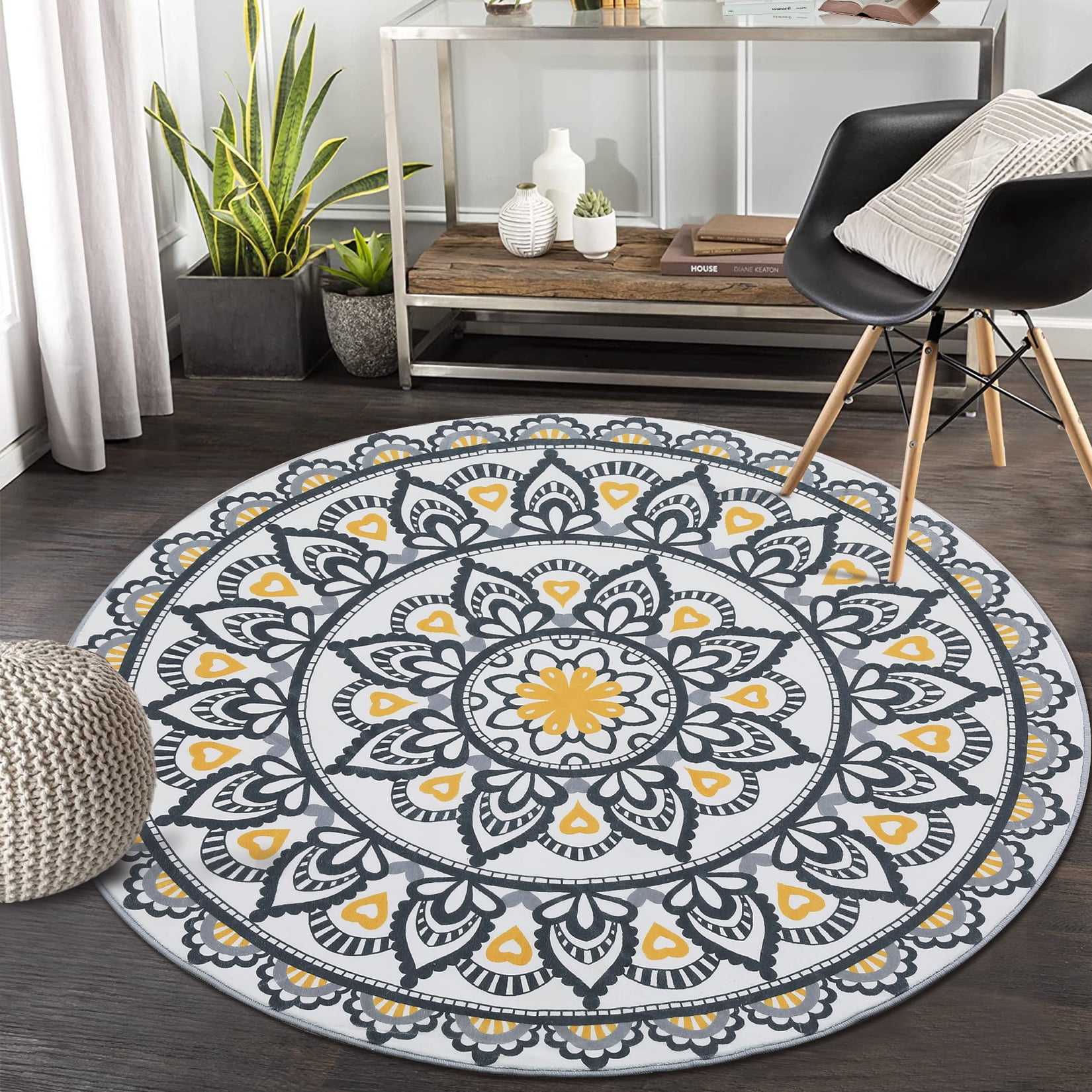 Yellow and Black Floral Round Washable Faux Wool Rug, 4'x4'