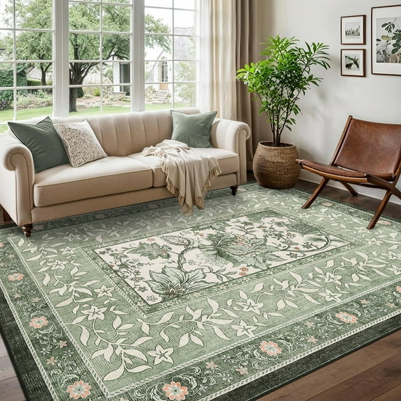 Hasoo 4x6 Washable Green Area Rug for Living Room Floral Soft Indoor Bedroom Carpet Non Slip Low Pile
