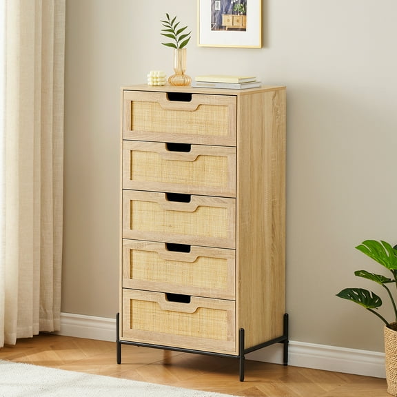 Hasoo 5-Drawer Chest of Drawers, Tall Rattan Vertical Dresser, Freestanding Cabinet with Sliding Door, 5 Layers Wood Storage Cabinet, Chest of Drawers for Bedroom, Living Room, Oak Color