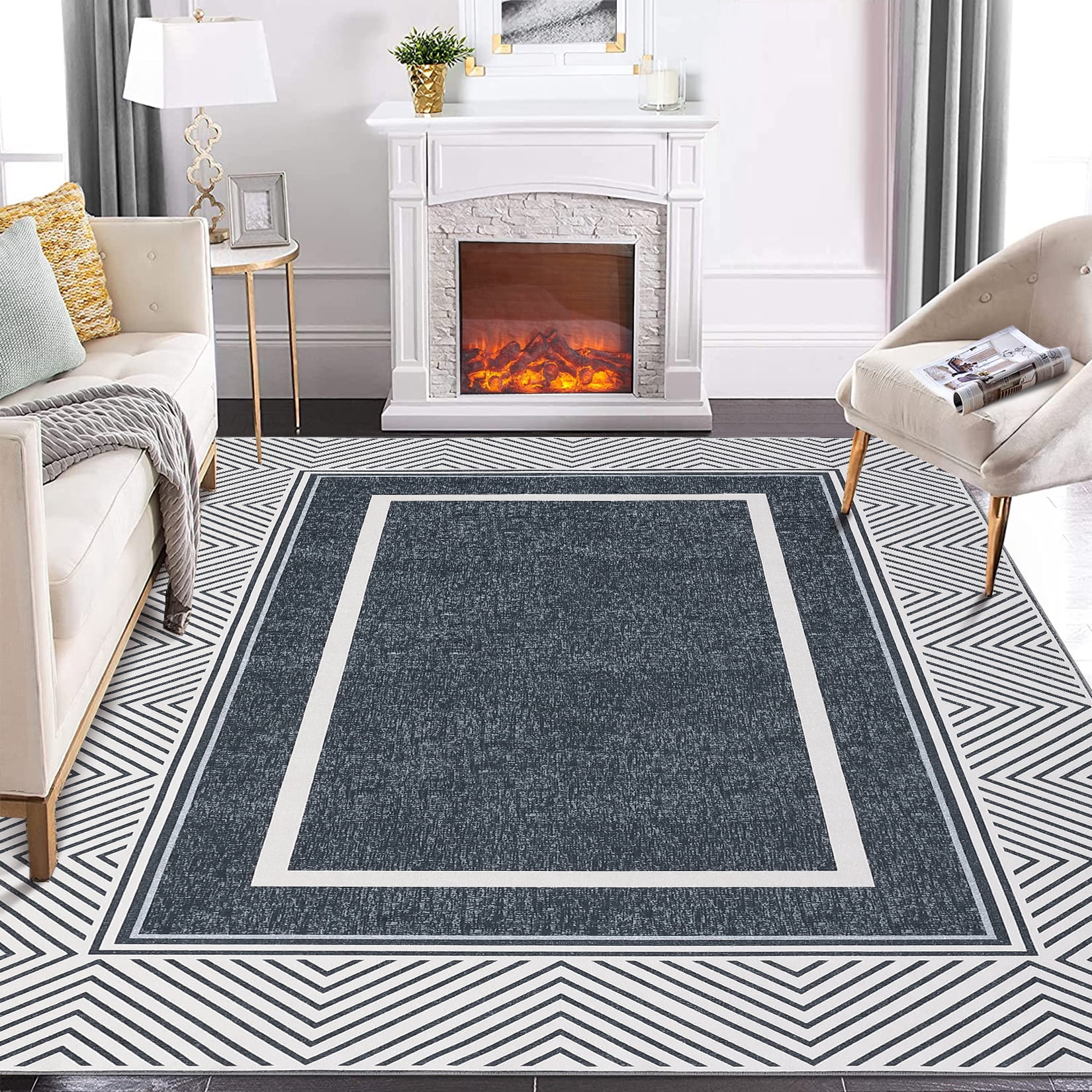 Hasoo 5' x 7' Area Rug Modern Geometric Bordered Carpet for Living Room Bedroom, Dark Gray