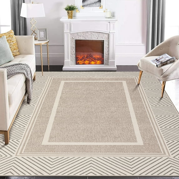 Hasoo 5' x 7' Area Rug Modern Geometric Bordered Carpet for Living Room Bedroom, Light Brown