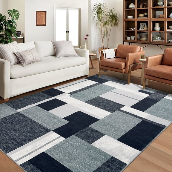 Hasoo 5' x 7' Area Rug Modern Geometric Washable Rug Patchwork Rug Indoor Stain-Resistant Low Pile Throw Carpet for Dorm, Gray