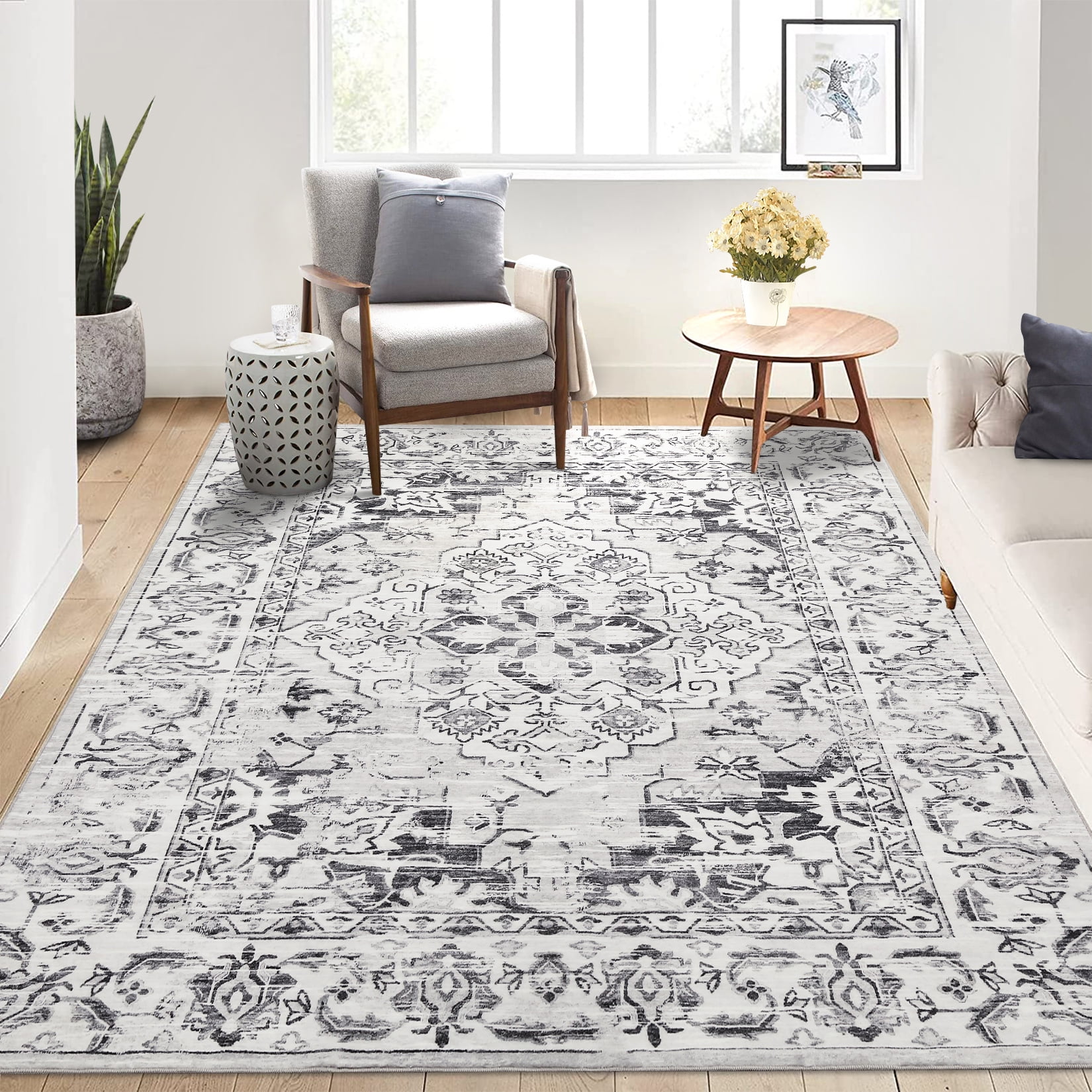 Hasoo 5' x 7' Area Rug Vintage Floral Rug Anti-Slip Low Pile