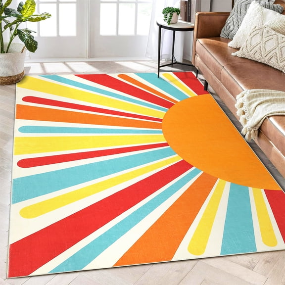 Hasoo 5' x 7' Area Rug Washable Indoor Carpet Sun Pattern Print Modern Bohemian Floor Cover for Living Room, Orange/Red