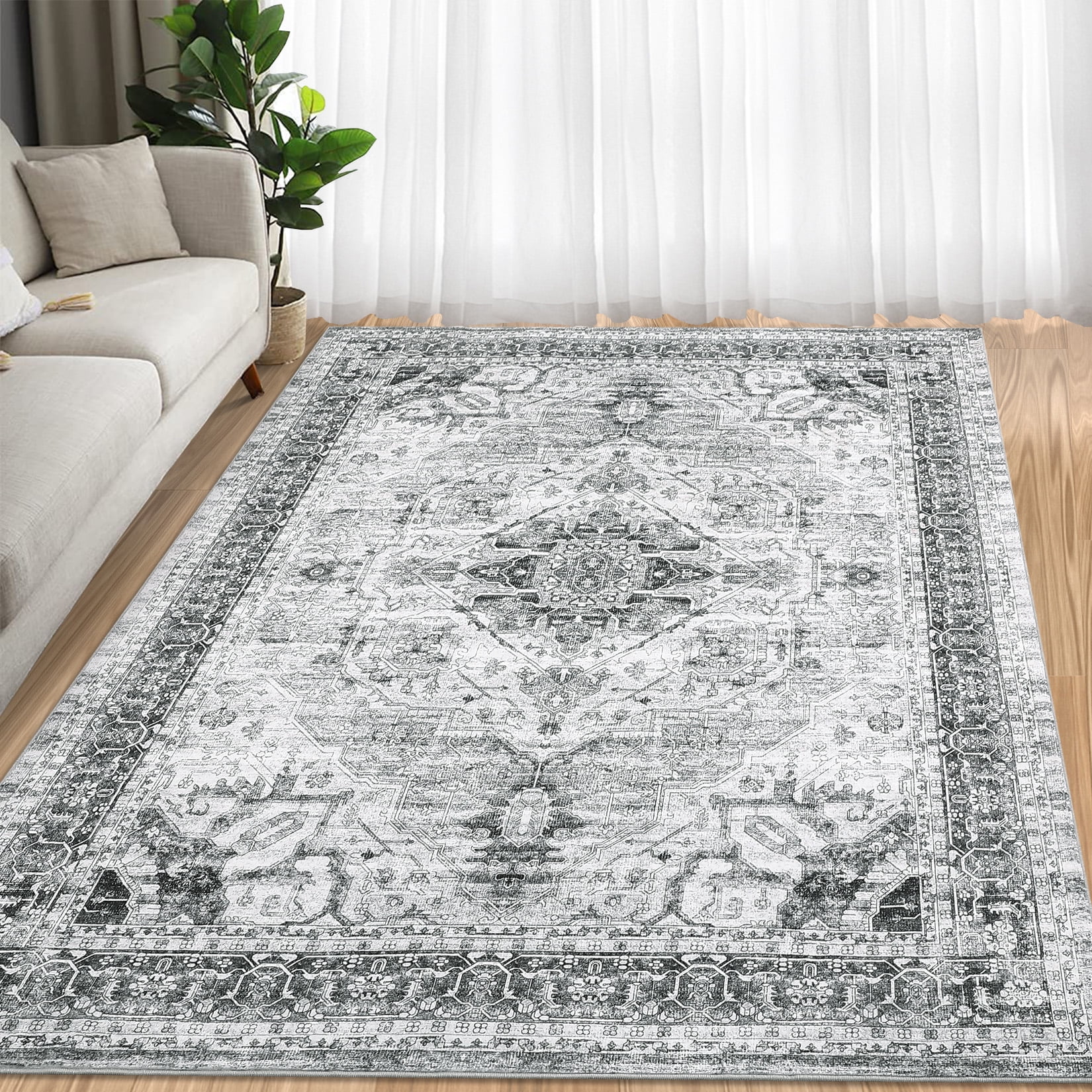 Gray 5' x 7' Vintage Washable Non-Slip Area Rug