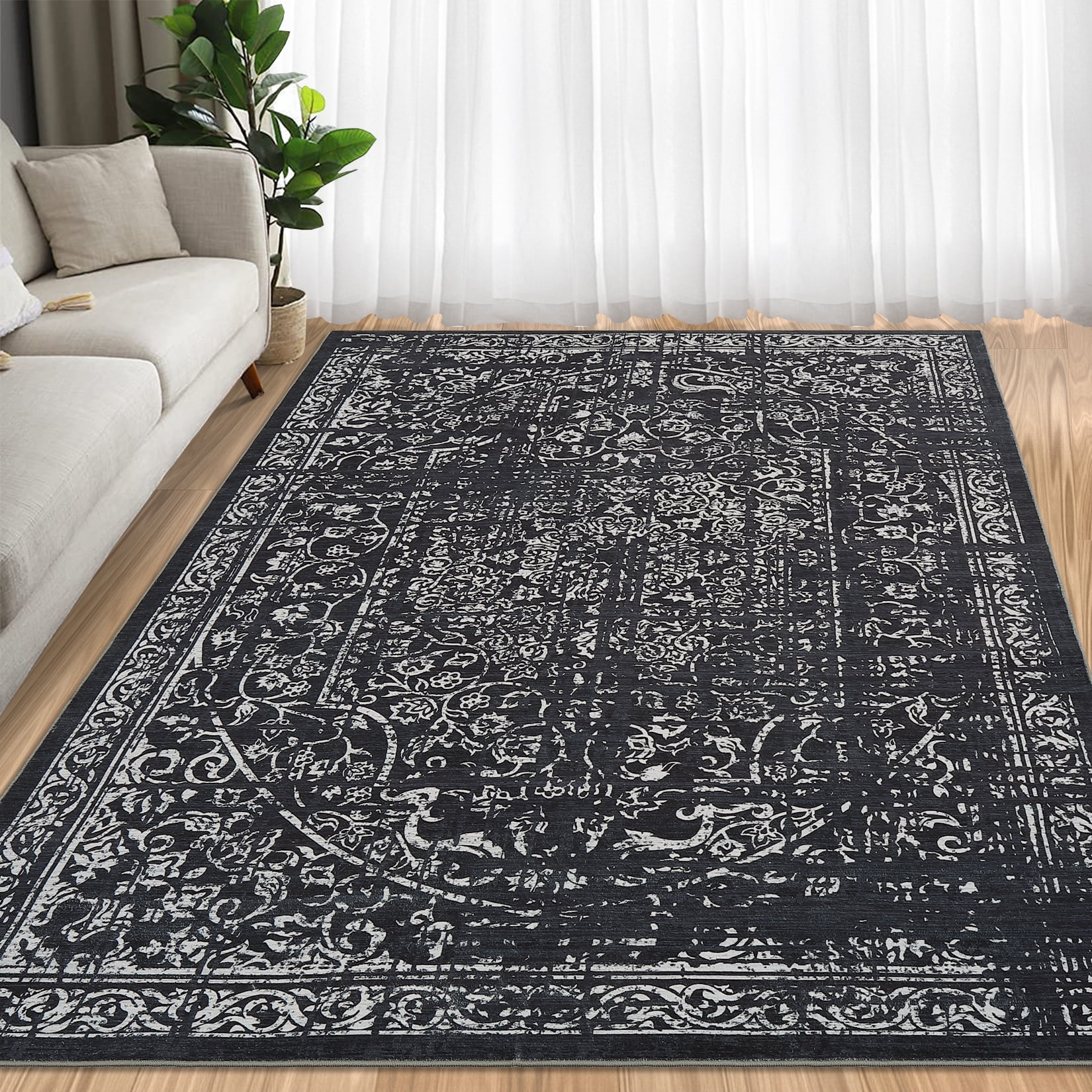 Hasoo 5' x 7' Area Rug for Living Room Boho Vintage Rug Non Slip Throw Rugs Floral Indoor Carpet, Black