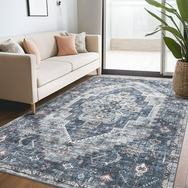 Hasoo 5' x 7' Area Rug for Living Room Boho Vintage Rug Non Slip Throw Rugs Floral Bedroom Rug, Blue