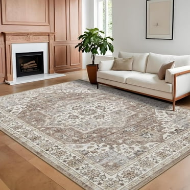 Hasoo 5' x 7' Area Rug for Living Room Boho Vintage Rug Non Slip Throw Rugs Floral Bedroom Rug, Camel