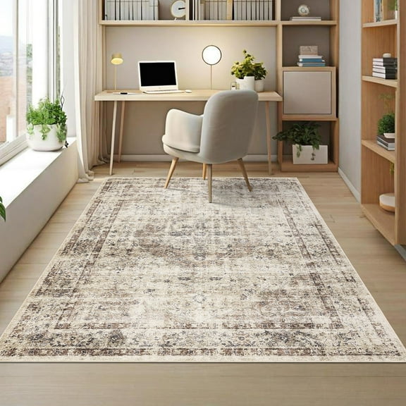 Hasoo 5' x 7' Area Rug for Living Room Boho Vintage Rug Non Slip Throw Rugs Floral Bedroom Rug, Camel