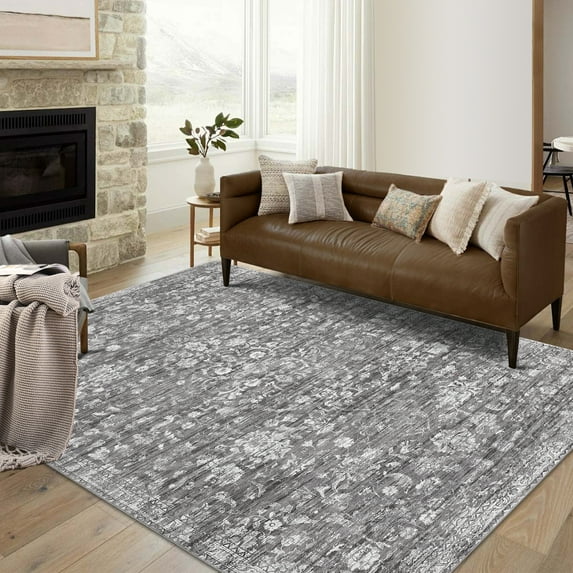 Hasoo 5' x 7' Area Rug for Living Room Boho Vintage Rug Non Slip Throw Rugs Floral Bedroom Rug, Gray